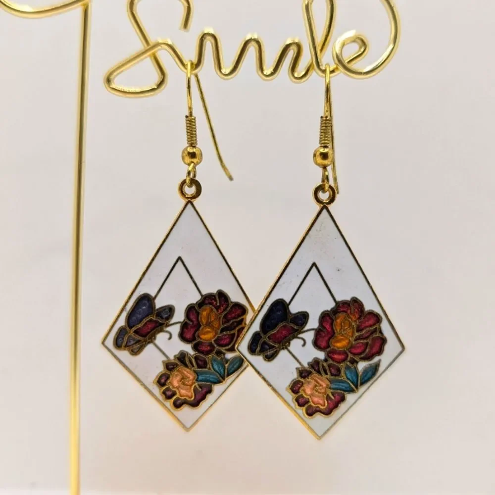 Vintage White & Gold-Tone Cloisonne Diamond-Shaped Earrings
